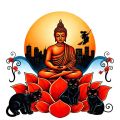 Buddha Siddhartha Gautama in medtation, a witch and black cats