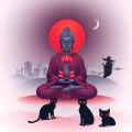 Buddha Siddhartha Gautama in meditation with a witch and cats